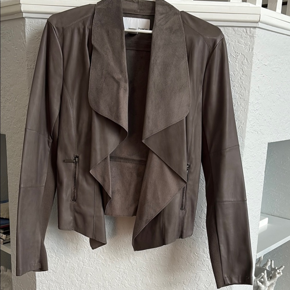 Bar III Brown Leather Jacket with Waterfall Design